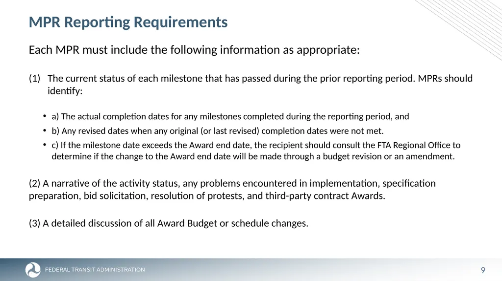 FTA Post Award Activities November 1, 2023 - slide 9 of 46