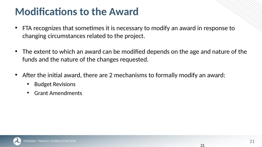FTA Post Award Activities November 1, 2023 - slide 21 of 46