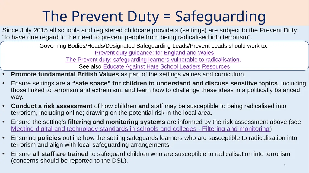 The Prevent Duty = Safeguarding Since July 2015 - slide 1 of 9