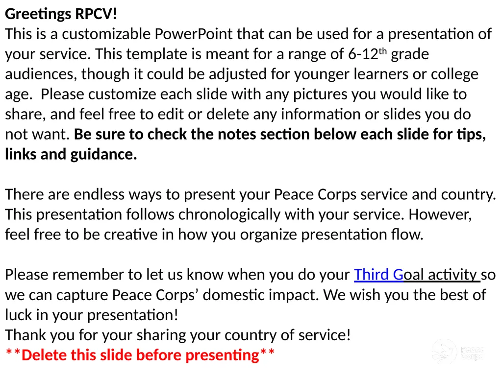 Greetings RPCV! This is a customizable PowerPoint - slide 1 of 15