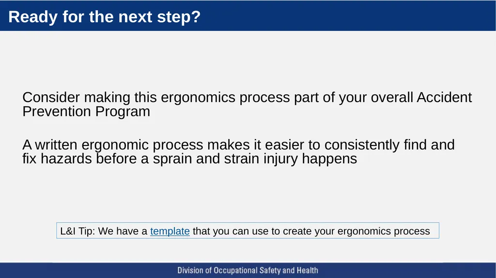 Using ergonomics to prevent sprains and strains - slide 54 of 55