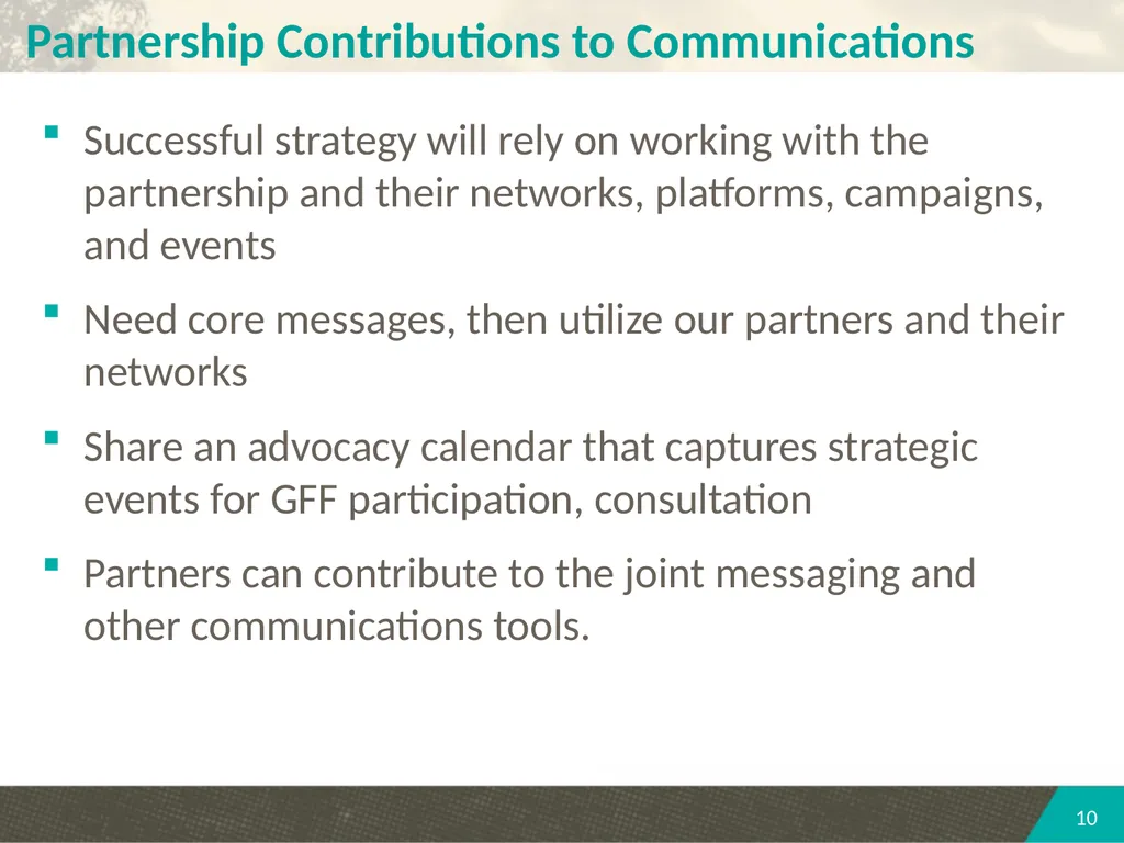 PARTNERSHIP COMMUNICATIONS STRATEGY SECOND - slide 10 of 14