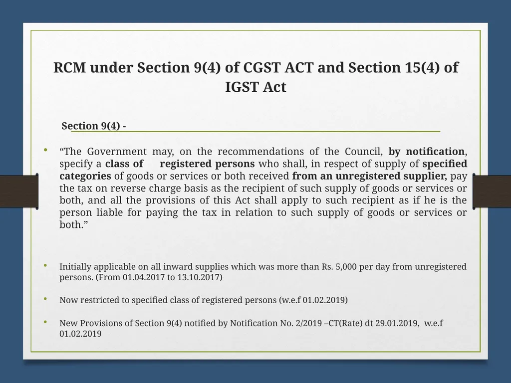 Reverse Charge Mechanism (RCM) under GST Basics - slide 37 of 50
