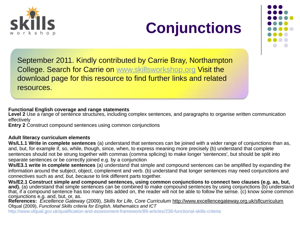 Conjunctions Functional English coverage and range - slide 1 of 6