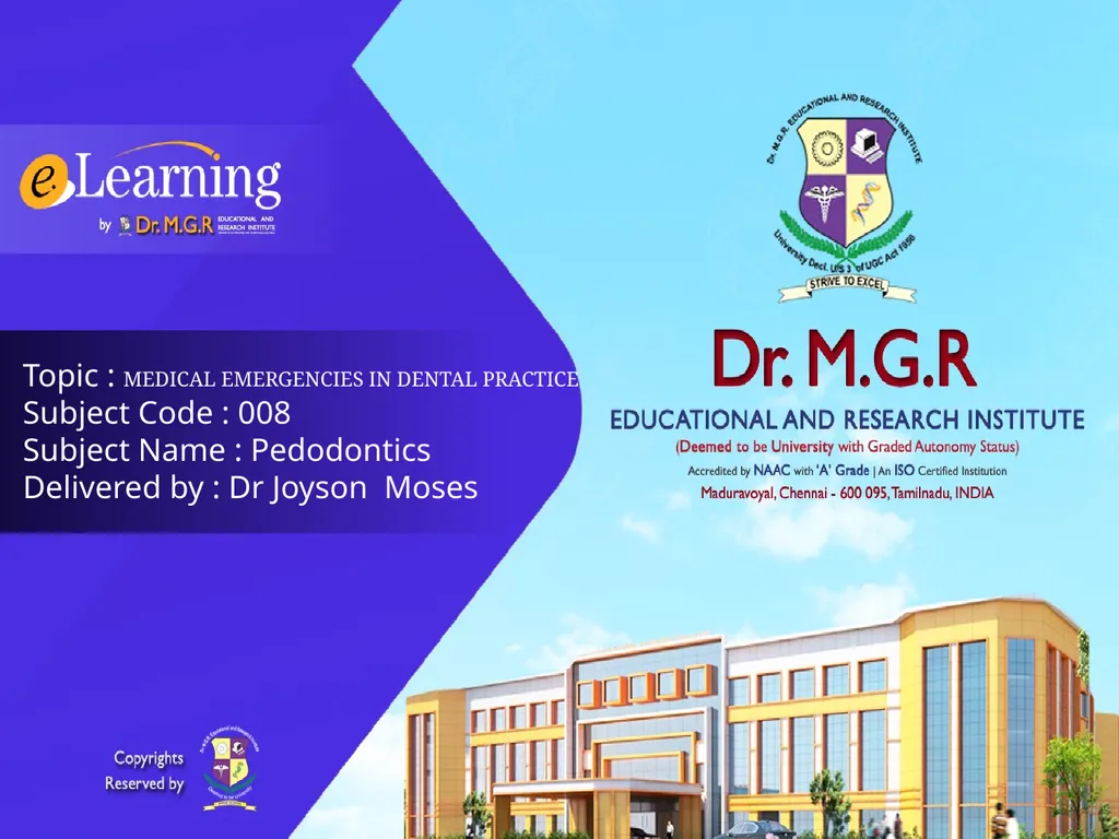 Topic : MEDICAL EMERGENCIES IN DENTAL PRACTICE - slide 1 of 23