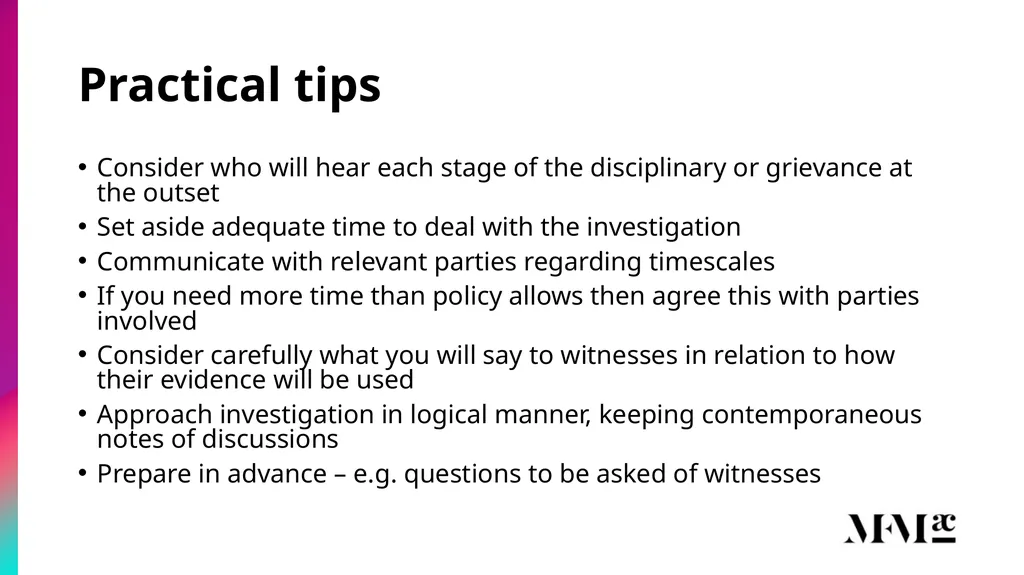 Conducting disciplinary & grievance investigations - slide 11 of 21