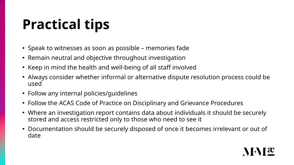 Conducting disciplinary & grievance investigations - slide 12 of 21
