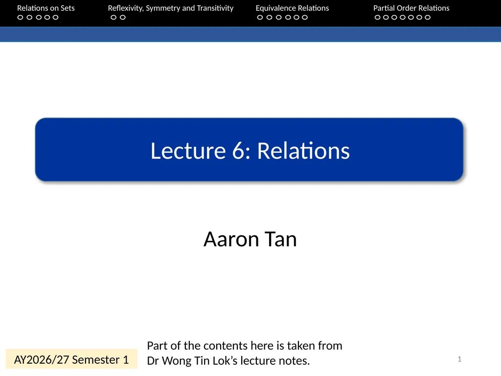 Aaron Tan Relations on Sets Reflexivity, Symmetry - slide 1 of 93