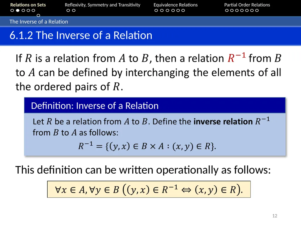 Aaron Tan Relations on Sets Reflexivity, Symmetry - slide 12 of 93