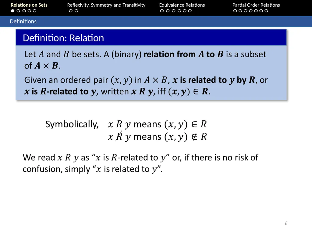 Aaron Tan Relations on Sets Reflexivity, Symmetry - slide 6 of 93