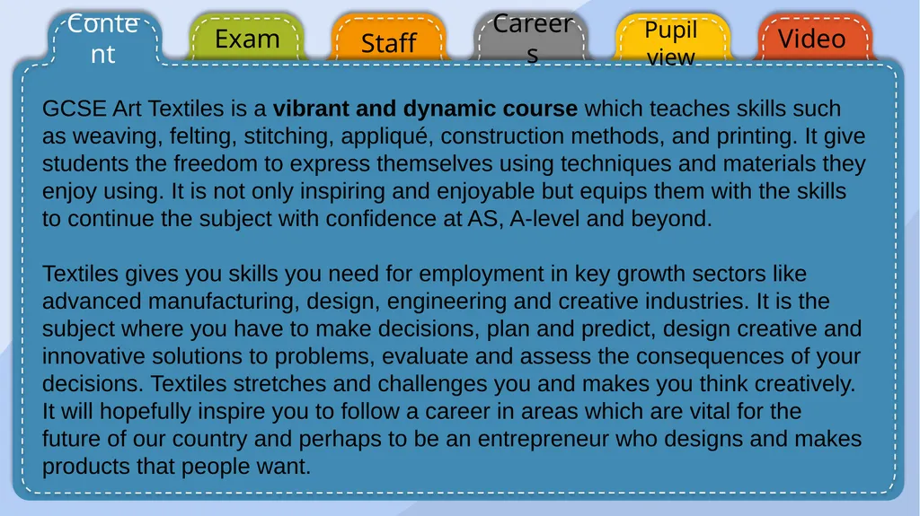 GCSE TEXTILES Content Exam Staff Pupil view - slide 2 of 9