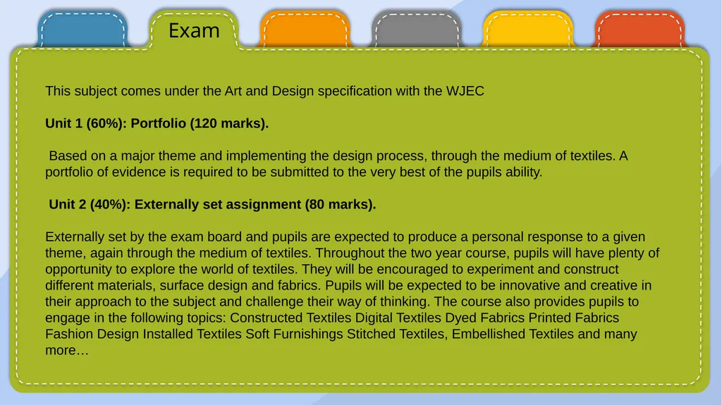 GCSE TEXTILES Content Exam Staff Pupil view - slide 5 of 9