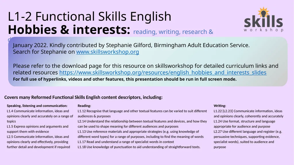 L1-2 Functional Skills English Hobbies & - slide 1 of 14