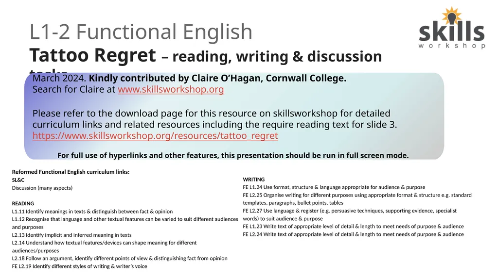 L1-2 Functional English Tattoo Regret – reading, - slide 1 of 6