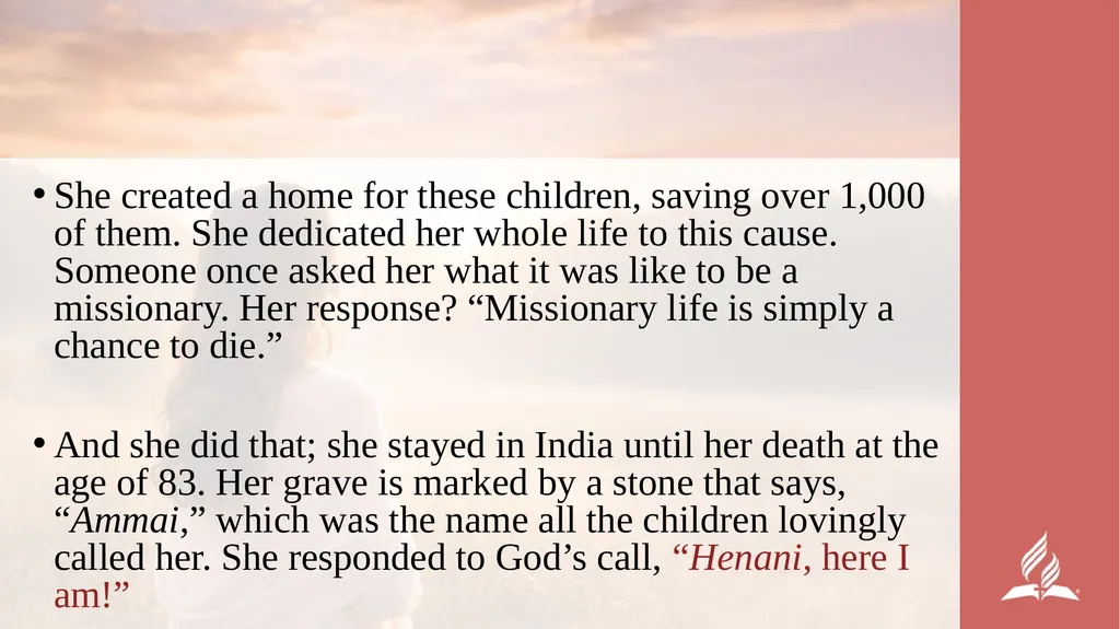 WOMEN’S MINISTRIES EMPHASIS DAY Henani, Here Am I! - slide 36 of 42