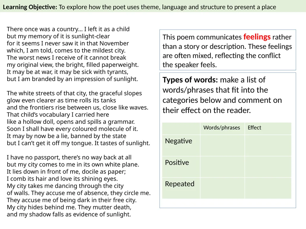 The Emigree By Carol Rumens Learning Objective To - slide 8 of 28