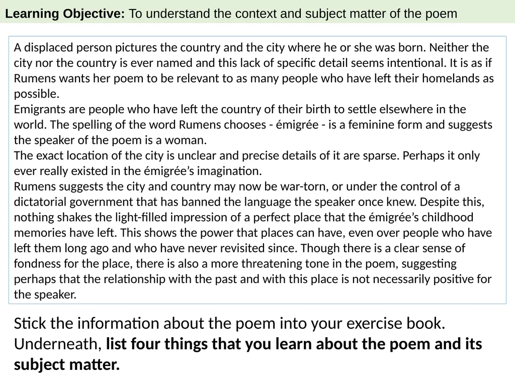 The Emigree By Carol Rumens Learning Objective To - slide 5 of 28