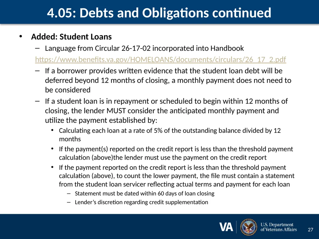 Lenders Handbook Chapter 4: Changes and Additions - slide 27 of 34