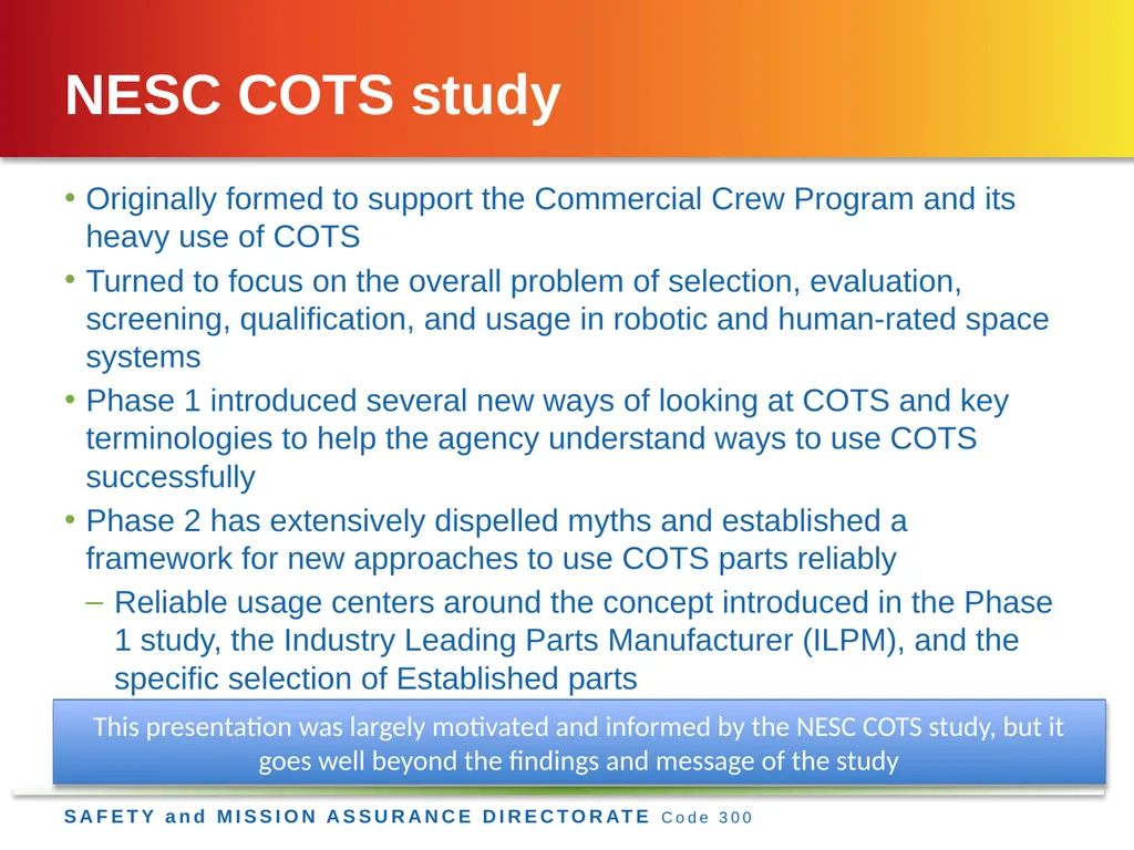 Jesse Leitner, Chief SMA Engineer, NASA GSFC Jesse - slide 7 of 39