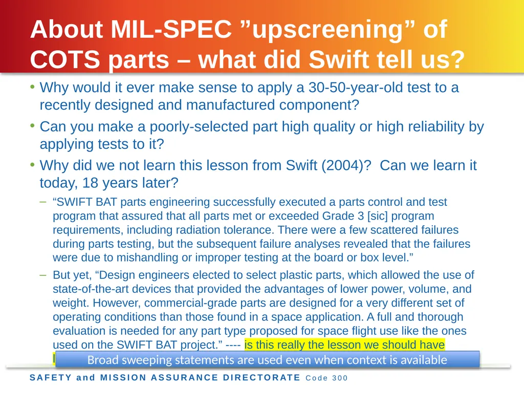 Jesse Leitner, Chief SMA Engineer, NASA GSFC Jesse - slide 27 of 39