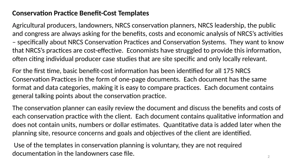 Conservation Practice Benefit-Cost Templates 1 - slide 2 of 13
