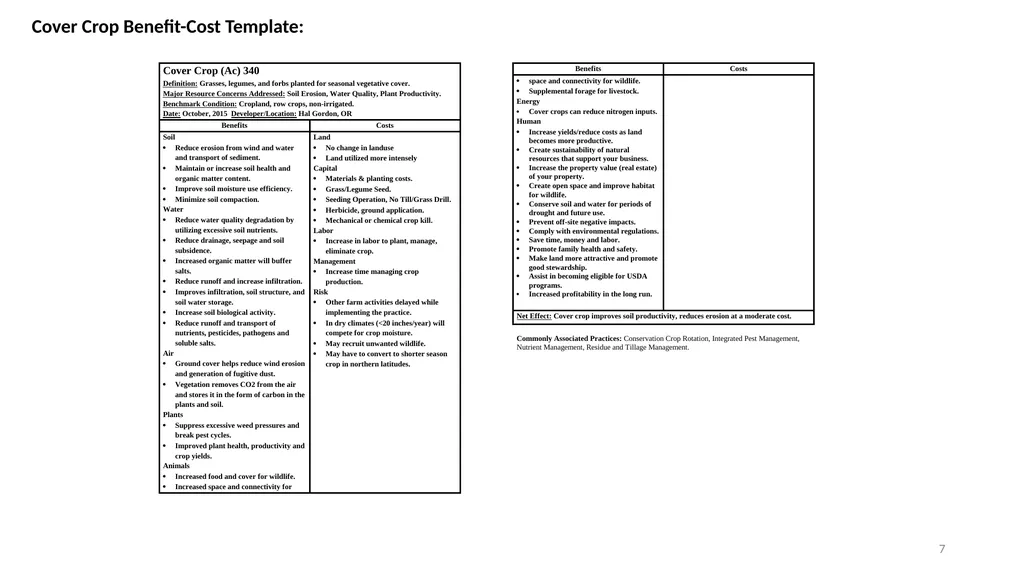 Conservation Practice Benefit-Cost Templates 1 - slide 7 of 13