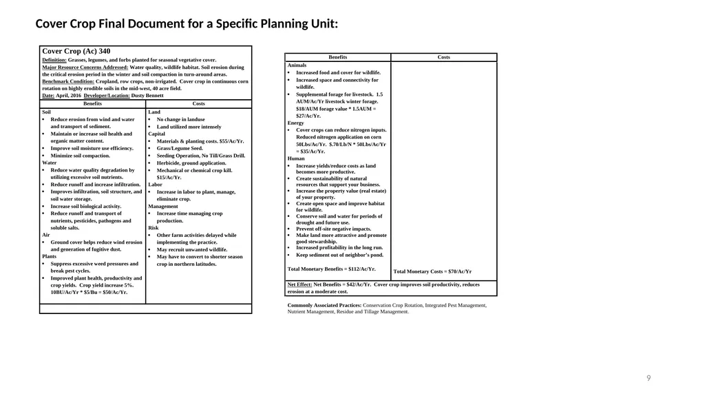 Conservation Practice Benefit-Cost Templates 1 - slide 9 of 13