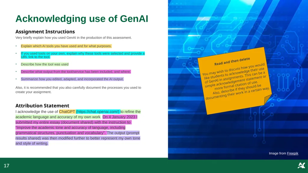 Generative AI in {this course} This slide deck - slide 17 of 20