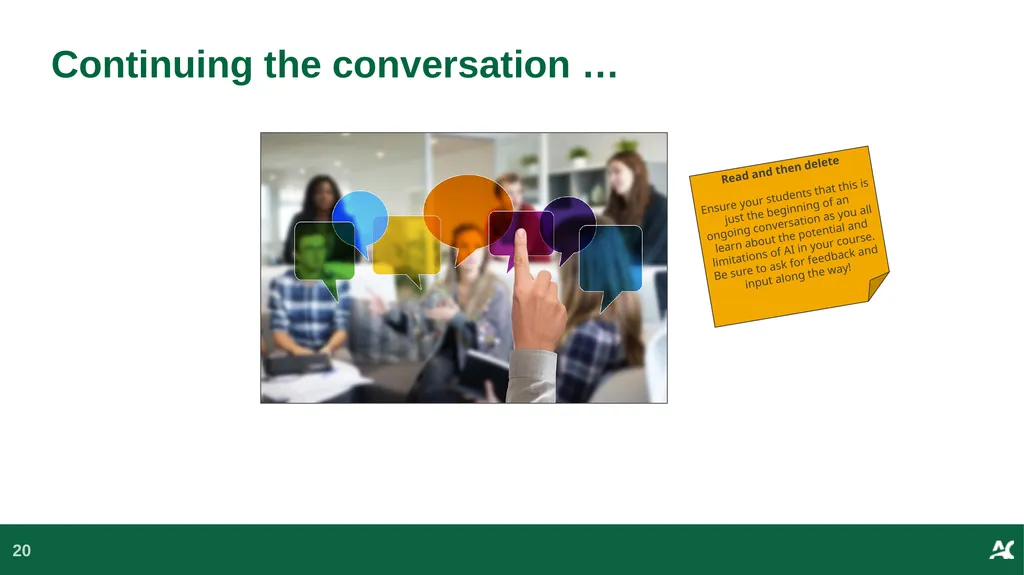 Generative AI in {this course} This slide deck - slide 20 of 20
