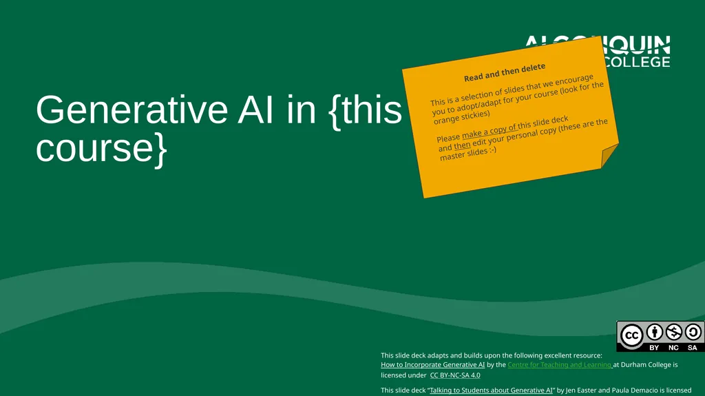 Generative AI in {this course} This slide deck - slide 1 of 20