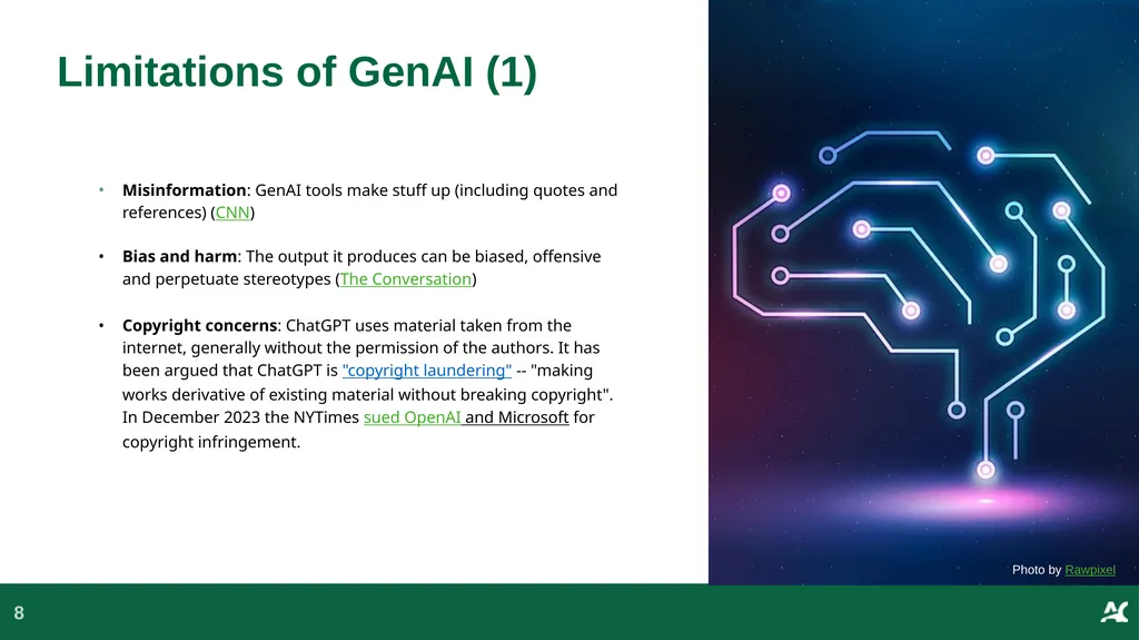 Generative AI in {this course} This slide deck - slide 8 of 20