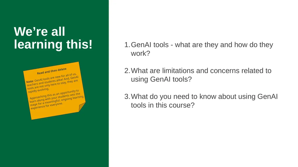 Generative AI in {this course} This slide deck - slide 2 of 20