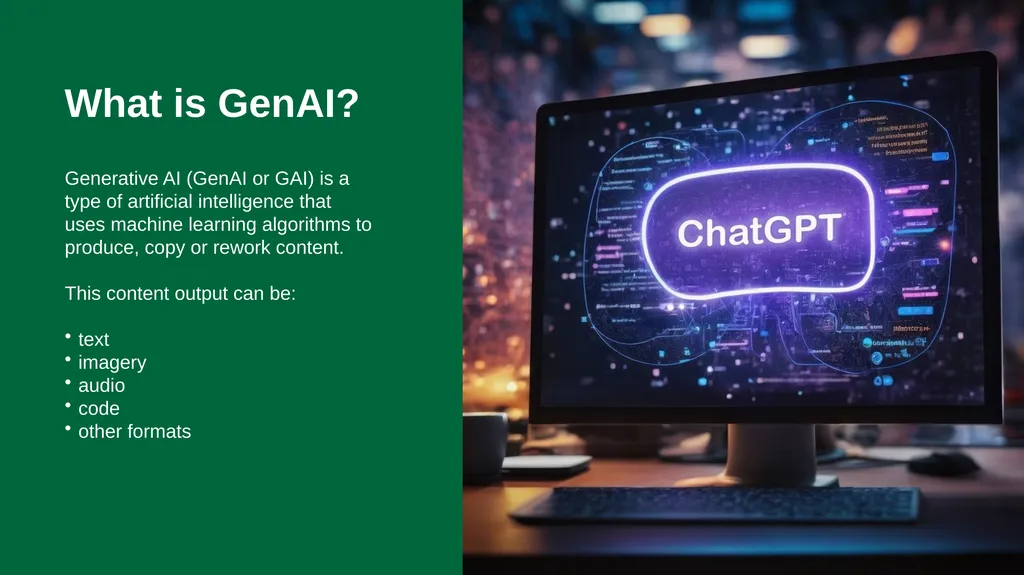 Generative AI in {this course} This slide deck - slide 4 of 20