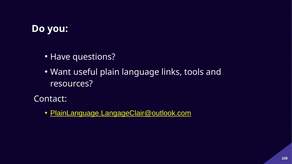 Plain Language: a clear voice for Canada Please - slide 108 of 109