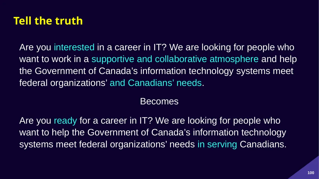 Plain Language: a clear voice for Canada Please - slide 100 of 109