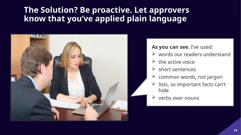 Plain Language: a clear voice for Canada Please - slide 54 of 109