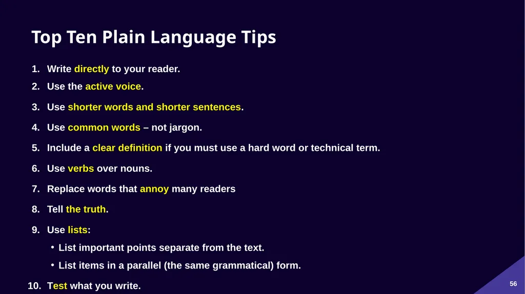 Plain Language: a clear voice for Canada Please - slide 56 of 109