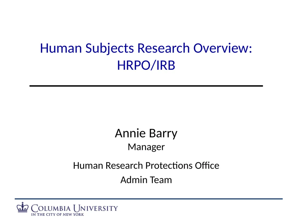 Human Subjects Research Overview: HRPO/IRB Human - slide 1 of 15