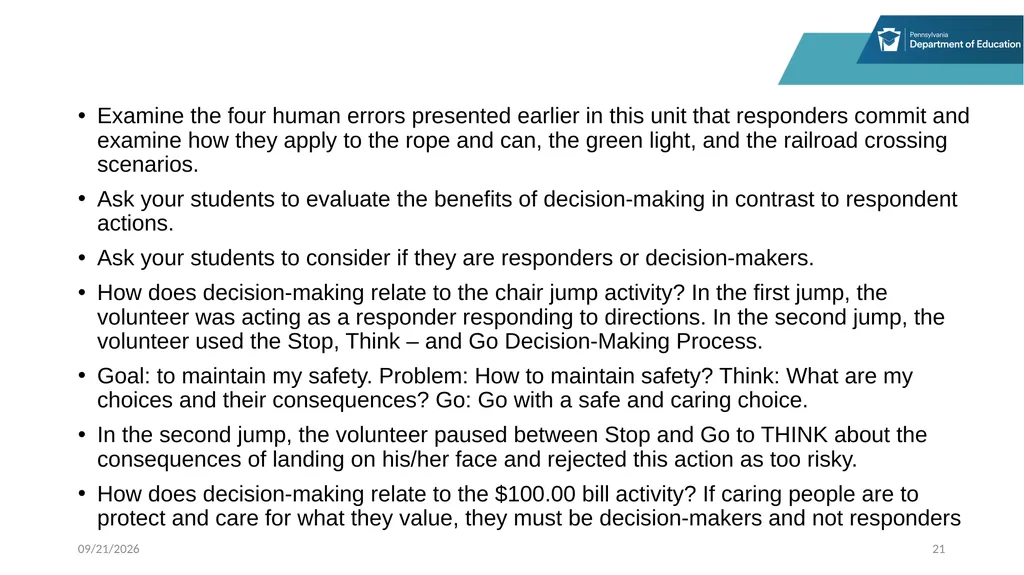 Stop, Think and Go Instructor Sample Activities - slide 21 of 44