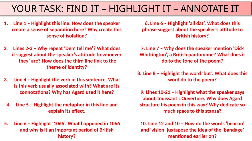 AQA ‘POWER AND CONFLICT’ POETRY ‘CHECKING OUT ME - slide 8 of 18