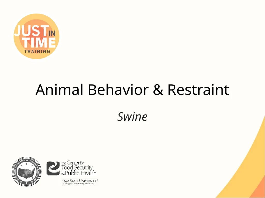 Animal Behavior & Restraint Swine Behavior Just In - slide 1 of 18