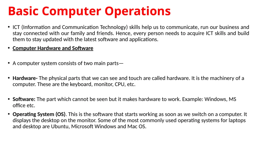 PART A 4. ICT Skills Basic Computer Operations ICT - slide 2 of 12