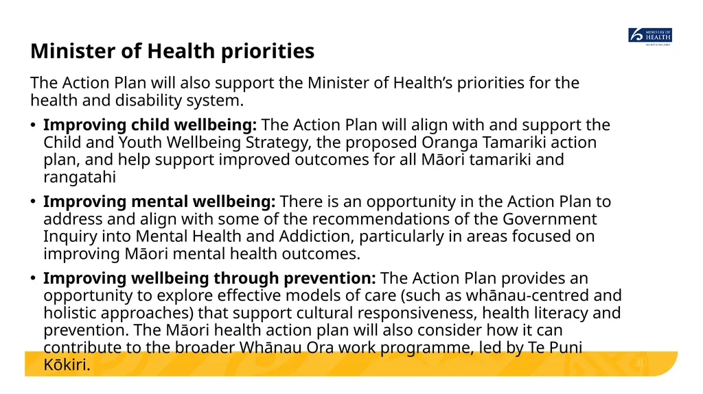 Implementing He Korowai Oranga: The Māori Health - slide 30 of 33