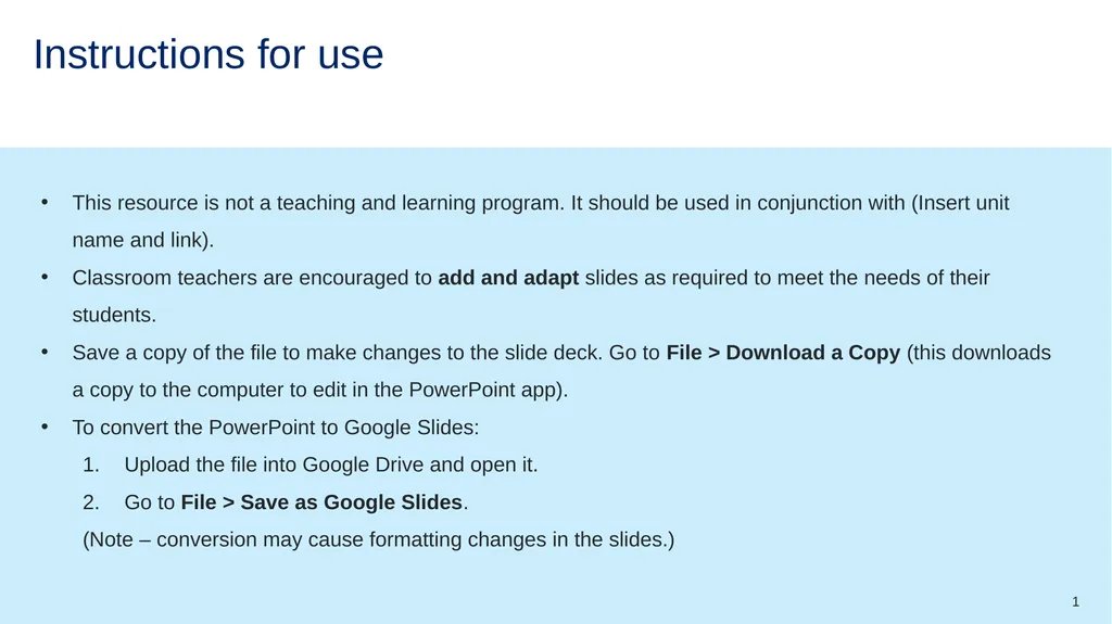 1 Instructions for use This resource is not a - slide 1 of 33
