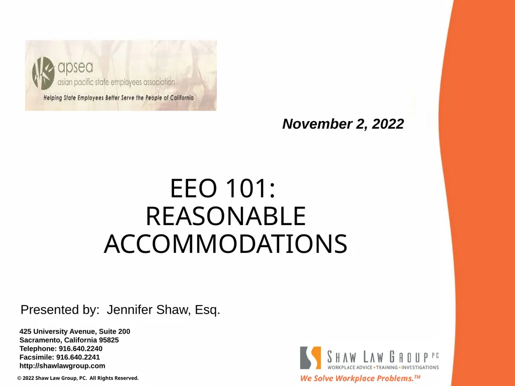 EEO 101: REASONABLE ACCOMMODATIONS Presented by: - slide 1 of 40