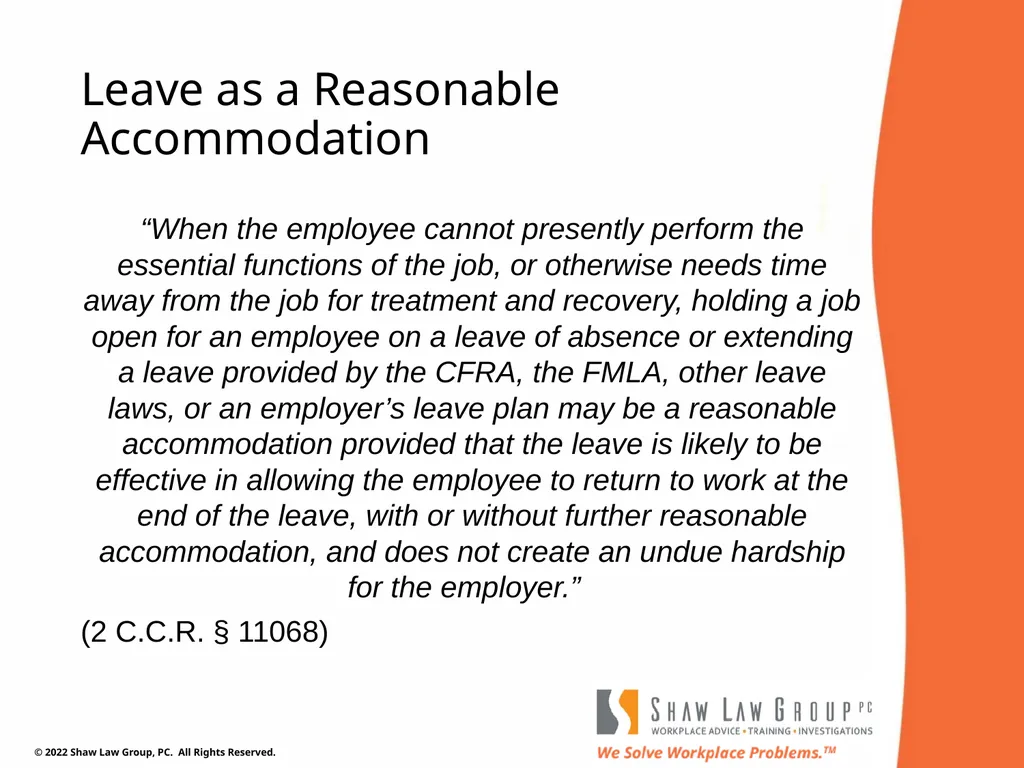 EEO 101: REASONABLE ACCOMMODATIONS Presented by: - slide 22 of 40