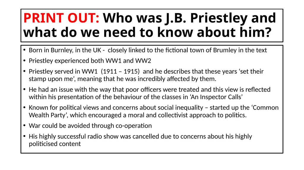 An Inspector Calls Key Content List: Context Stage - slide 3 of 41