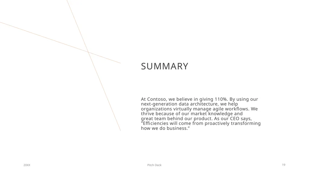 Pitch deck Mirjam Nilsson ABOUT US At Contoso, we - slide 19 of 20