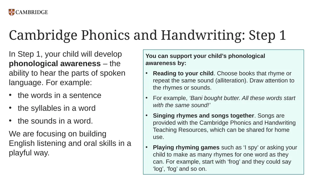Cambridge Phonics and Handwriting Our approach: - slide 8 of 21
