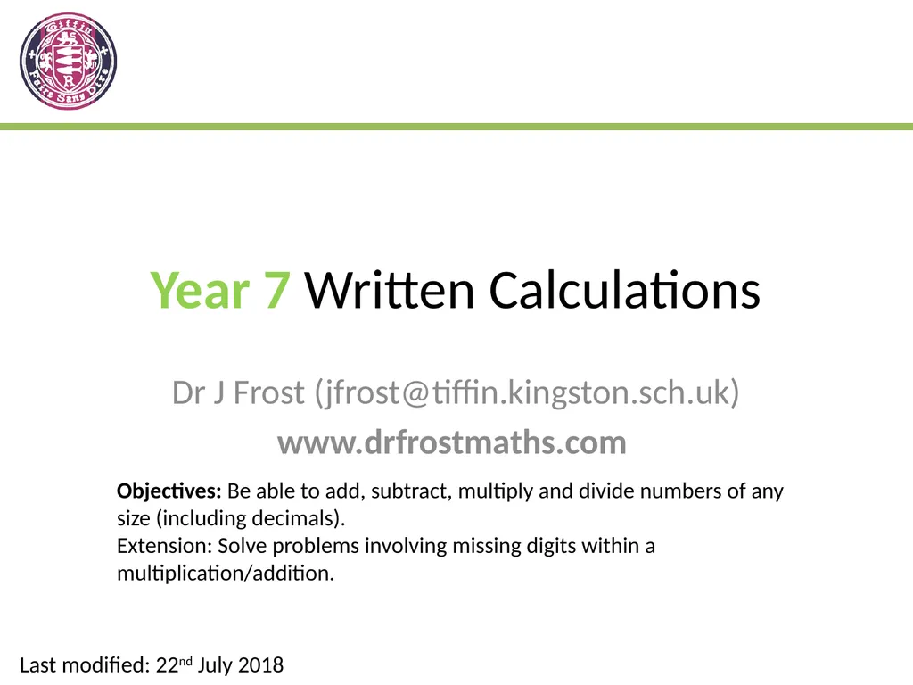 Year 7 Written Calculations Dr J Frost - slide 1 of 27